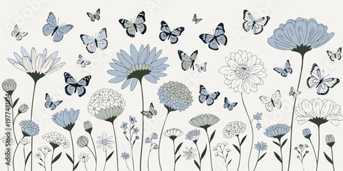 Delicate watercolor illustration of blooming flowers and fluttering butterflies in soft blue and white tones.