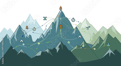 Mountain Adventure Path: Journey to Summit with Navigation Icons and Camping Elements