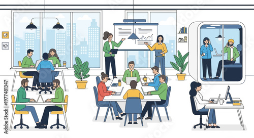 Diverse team collaborating in modern open-plan office with meeting rooms and private pods.