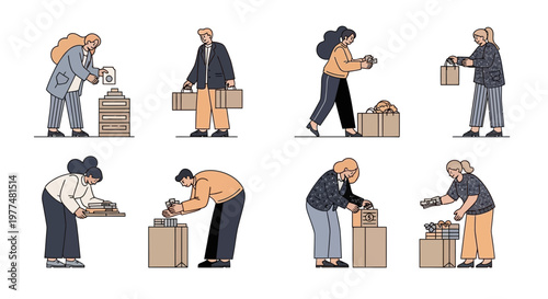 People Sorting and Organizing Documents, Boxes, and Items