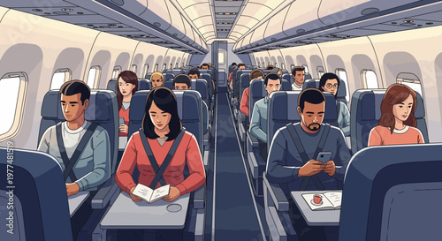 Airplane Cabin Interior with Diverse Passengers Seated and Buckled