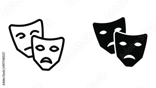 Contrasting theatrical masks representing comedy and tragedy in black and white line art.