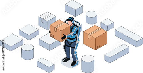 Warehouse Worker Wearing Robotic Exoskeleton Suit Lifting Heavy Boxes in Smart Logistics Facility, Isometric Technology Illustration