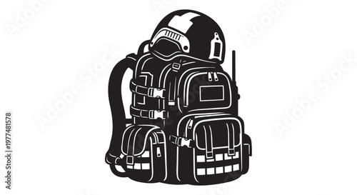 Black backpack, travel bag, hiking pack, outdoor gear, vector illustration