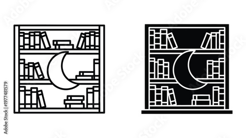 Contrast of illuminated and shadowed bookshelves with a crescent moon motif
