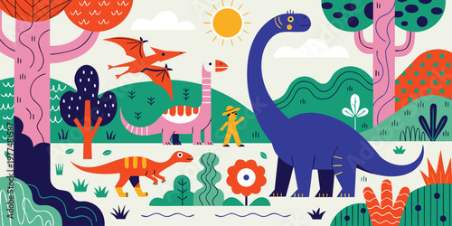 Whimsical prehistoric landscape with friendly dinosaurs, pterodactyls, and a small figure.