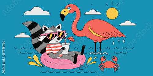 Whimsical cartoon of a raccoon in sunglasses relaxing on an inflatable flamingo in the water with a flamingo.