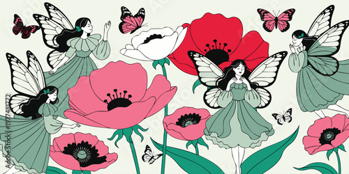 Four whimsical fairies with large butterfly wings flying among giant poppies and flowers, enchanting.