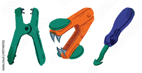 Hand drawn office tool illustrations including stapler remover and craft hook in colorful painterly style art