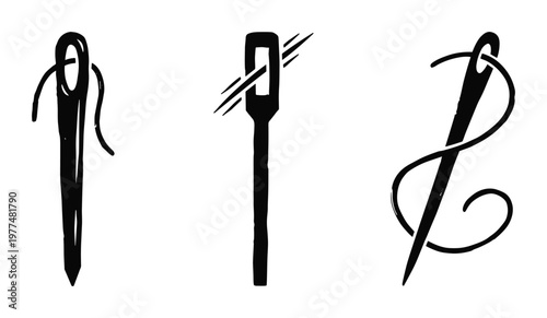 Hand drawn sewing needle and thread illustrations for craft and tailoring designs