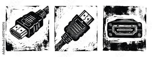 Hdmi cable connector sketch drawing set isolated on transparent background, digital multimedia vector artwork