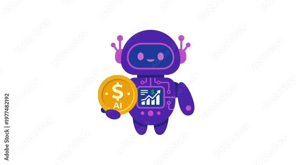 Fototapeta premium Cute AI robot holding a gold coin and displaying a growth chart on its chest, symbolizing artificial intelligence in finance.