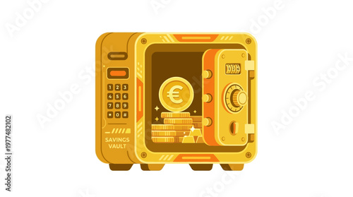 Golden savings vault icon with euro coins and gold bars inside, symbolizing security, wealth accumulation, and financial protection.