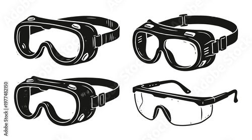 Industrial eye protection safety goggles and glasses collection on transparent background set of illustrations