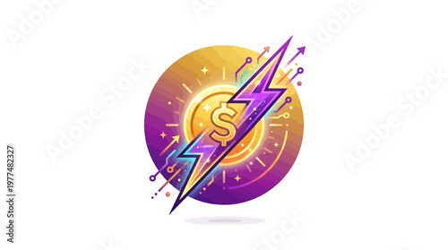 Vibrant lightning bolt with dollar sign and glowing coin symbolizes financial innovation and rapid growth in business.