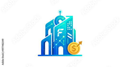 Futuristic fintech bank building with digital circuits, coin, and upward arrow symbolizes modern financial services and growth.