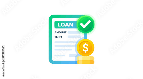 Approved loan document with checkmark, coins, and financial details, symbolizing successful credit approval and financial agreement.