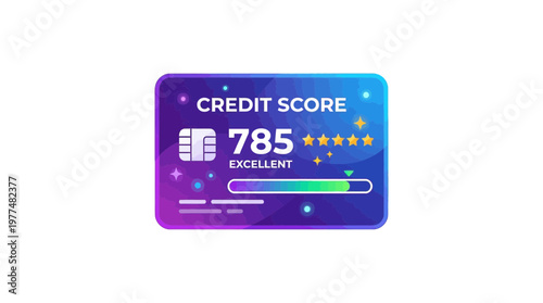 Credit score card with rating, stars, and progress bar shows excellent financial standing and creditworthiness.