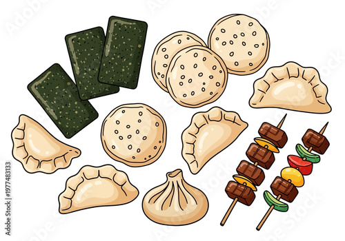 Assortment of Asian snack foods including seaweed dumplings flatbreads and kebabs