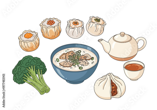 Assortment of Chinese dim sum dishes rice porridge broccoli and tea set