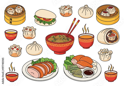 Assortment of Chinese dishes including dim sum noodles and roasted meats