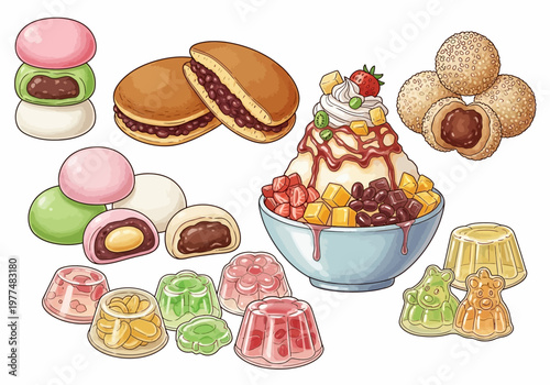 Assortment of colorful East Asian desserts including mochi dorayaki shaved ice and jellies