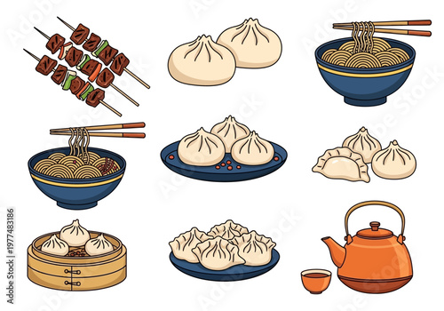 Assortment of Chinese food illustrations including skewers noodles dumplings and a teapot