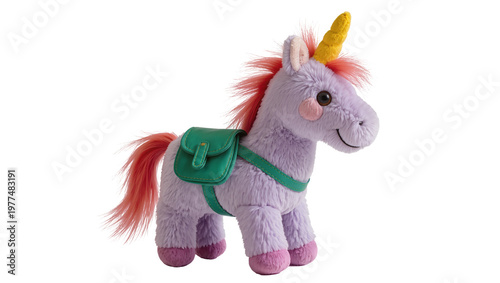 Purple plush unicorn toy with yellow horn and green backpack