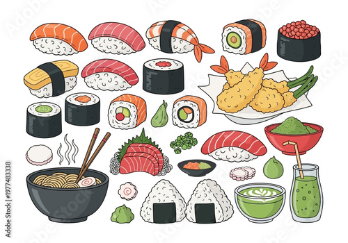 Assortment of Japanese food illustrations including sushi tempura ramen and matcha drinks