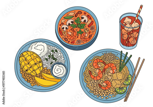 Assortment of Thai dishes soup noodles dessert and iced drink