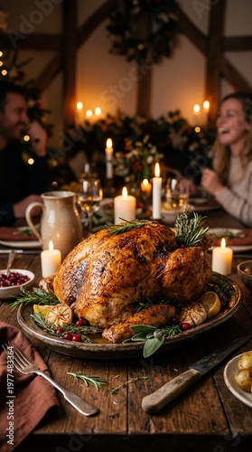 Thanksgiving dinner with turkey, cozy atmosphere, friends gathering, warm lighting