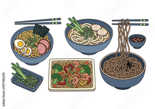 Collection of illustrated Japanese noodle dishes including ramen udon and soba
