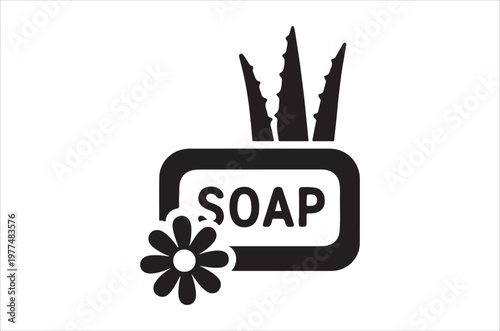 Black and white illustration of soap with aloe vera and a flower