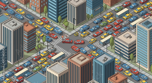Isometric City Traffic Jam: Congested Intersection with Cars and Tall Buildings