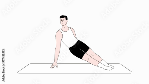 Flat Illustration of a Man Stretching and Exercising on Blue and simple Background. copy space.