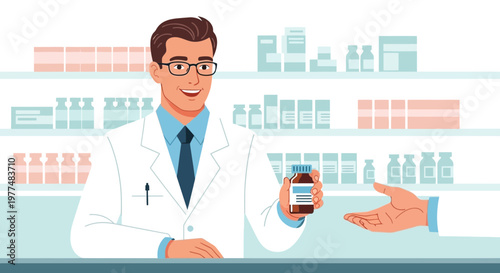 Pharmacist handing medication bottle to customer in modern pharmacy