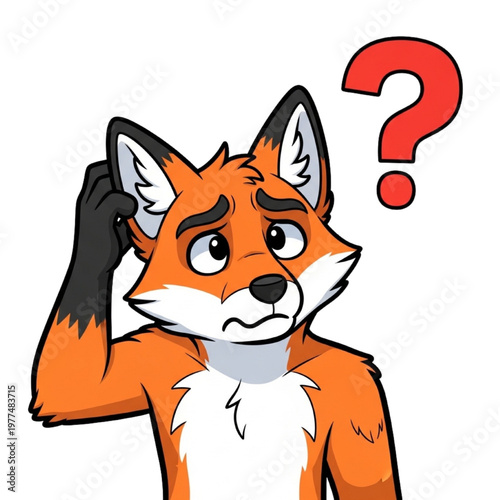 Confused Anthropomorphic Character Fox Thinking with Hand on Head and Big Red Question Mark, Puzzled Animal Mascot Vector Illustration for Doubt, Curiosity and Problem Solving Concept