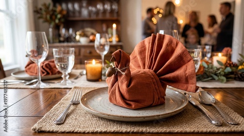 Thanksgiving dinner table setting with decorative napkin and warm ambiance