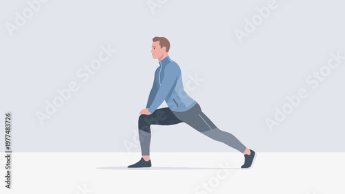 Flat Illustration of a Man Stretching and Exercising on Blue and simple Background. copy space.