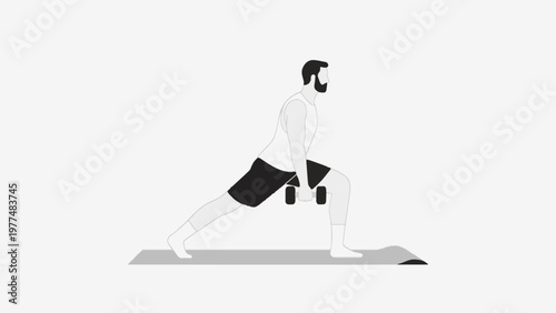 Flat Illustration of a Man Stretching and Exercising on Blue and simple Background. copy space.