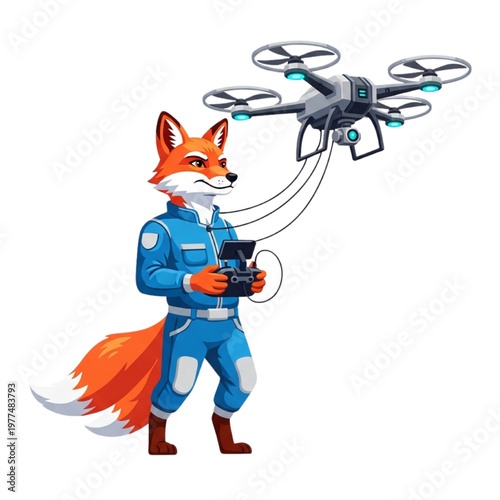 Anthropomorphic fox character as professional drone pilot in blue jumpsuit operating glowing quadcopter drone with remote controller. Vector illustration for technology, UAV, aerial photography and dr