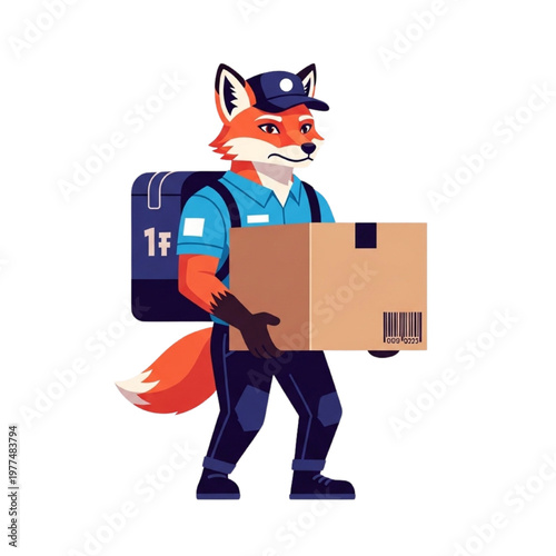 Anthropomorphic fox courier character in uniform carrying a cardboard box package. Vector mascot for logistics, e-commerce, and fast shipping delivery service. Isolated on white background for design.