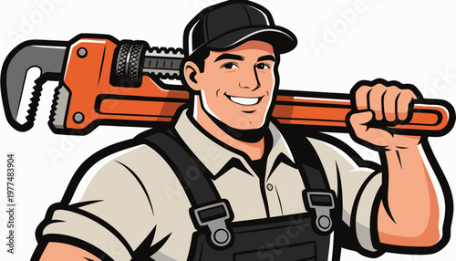 Bold vector mascot illustration of a friendly plumber holding a large pipe wrench over his shoulder, designed in a clean and professional branding style.
