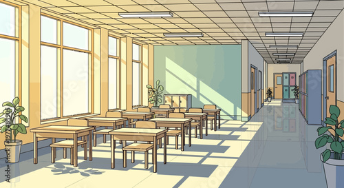 Bright Empty Classroom Hallway with Sunlight and Desks