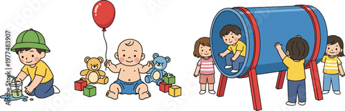 Cute Kids Activity Vector Set with Baby Toys Sandbox Tunnel Play and Happy Children Cartoon Illustration Collection