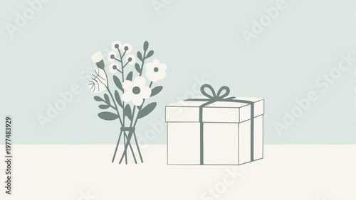 A simple bouquet and a gift box illust. A spacious layout. Plenty of white space. Minimalist design. Present. Gift. Chic