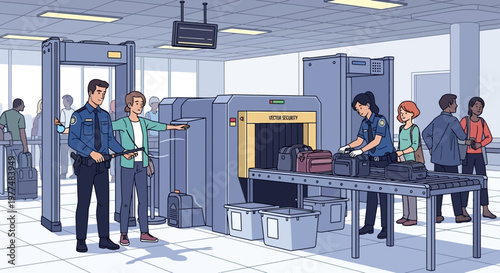 Airport Security Checkpoint with Passengers and Officers at Scanner