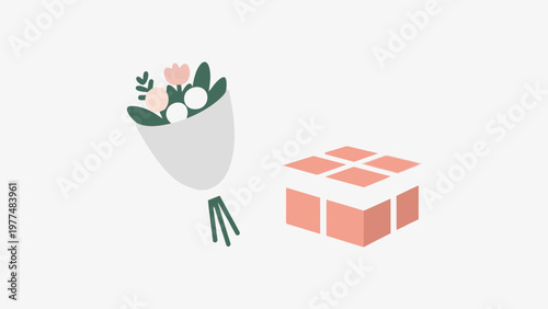 A simple bouquet and a gift box illust. A spacious layout. Plenty of white space. Minimalist design. Present. Gift. Chic