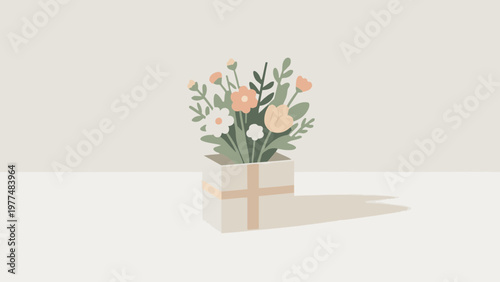 A simple bouquet and a gift box illust. A spacious layout. Plenty of white space. Minimalist design. Present. Gift. Chic