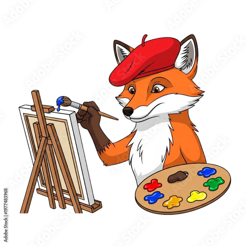Anthropomorphic fox character as artist painter wearing red beret painting on easel with brush and colorful palette. Vector illustration for creativity, art studio, painting and creative profession co